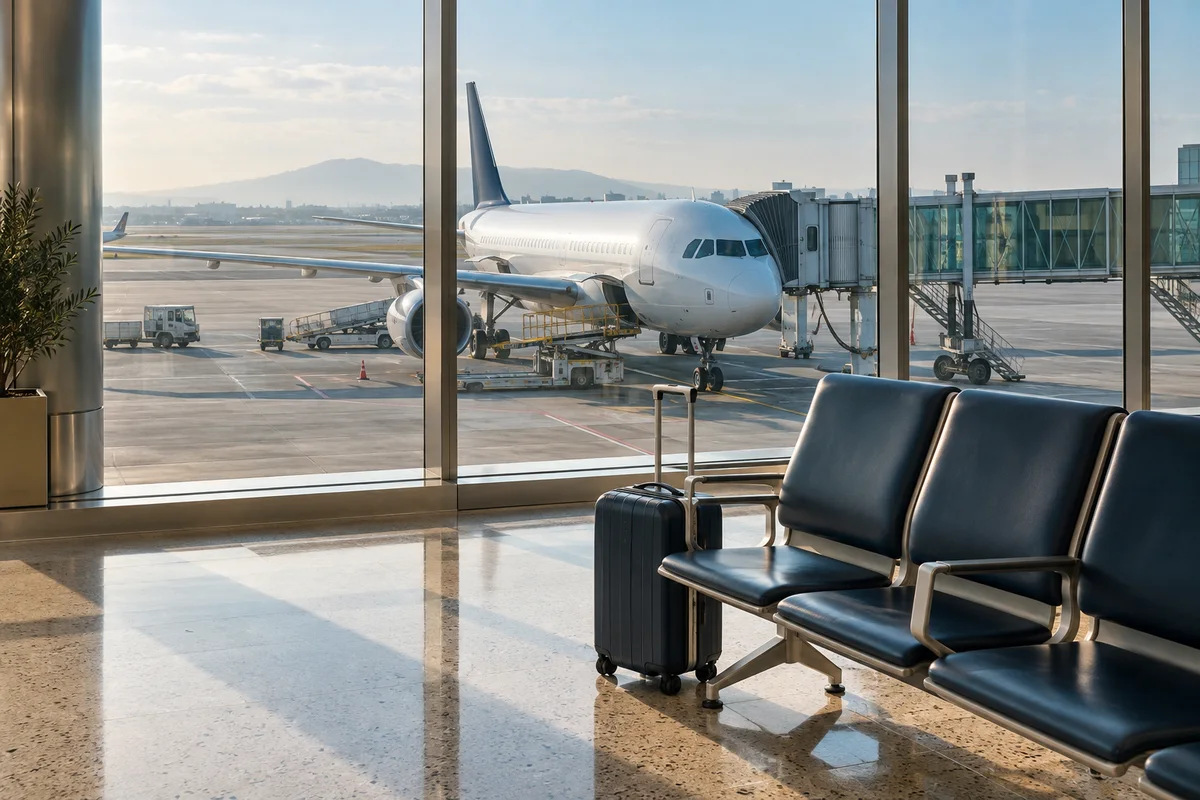 Airport visualisation with an aircraft at the gate, lounge seating and a cabin suitcase