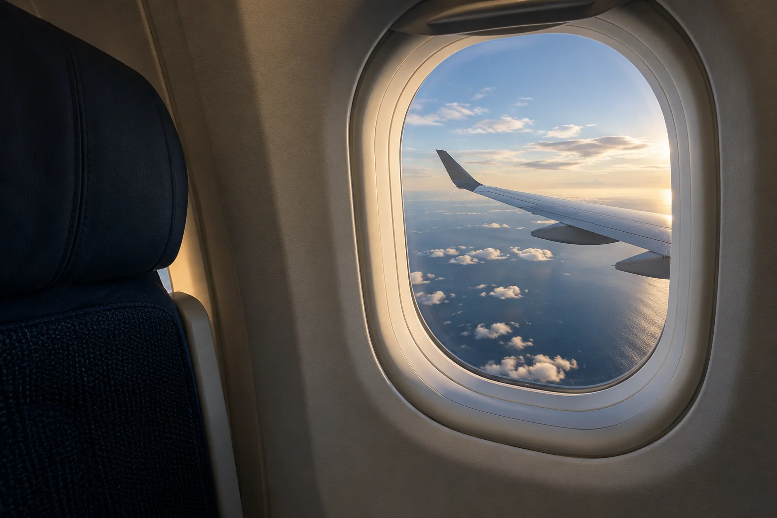 Illustrated cabin scene: a softly lit aircraft window overlooking a wing, clouds and the ocean