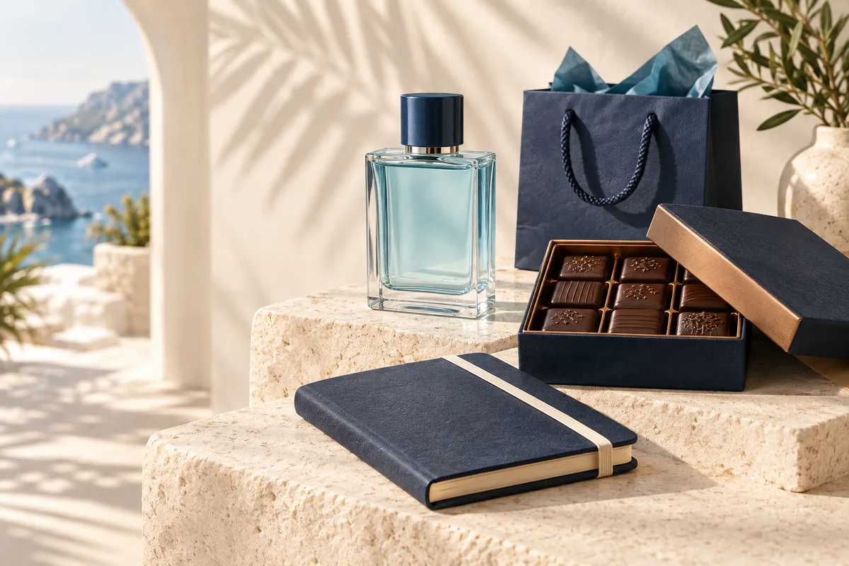 Illustration of a fragrance bottle, chocolate selection and navy travel journal with a shopping bag
